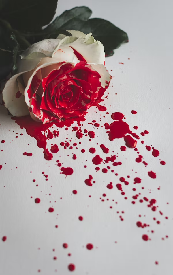 white rose with fake blood spill